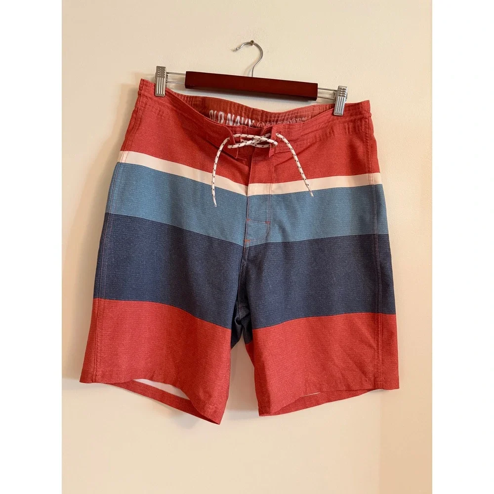 Old Navy Mens Board Shorts Size 34 Medium Red Blue Striped Swim Trunks